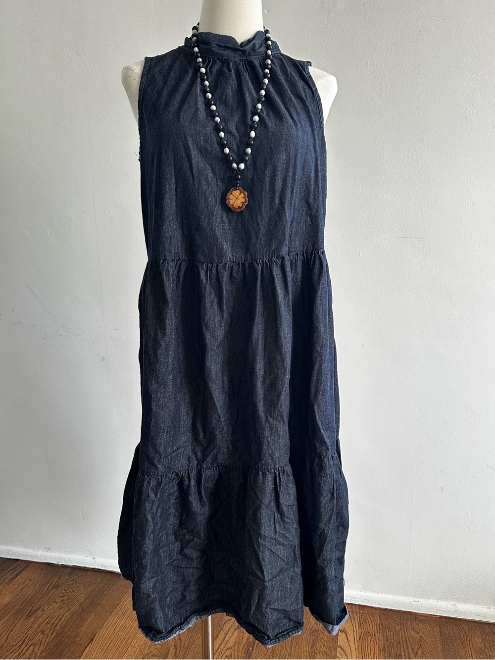 Love Ryan Dark Blue Tiered Midi Dress High Neck Tie Back Medium